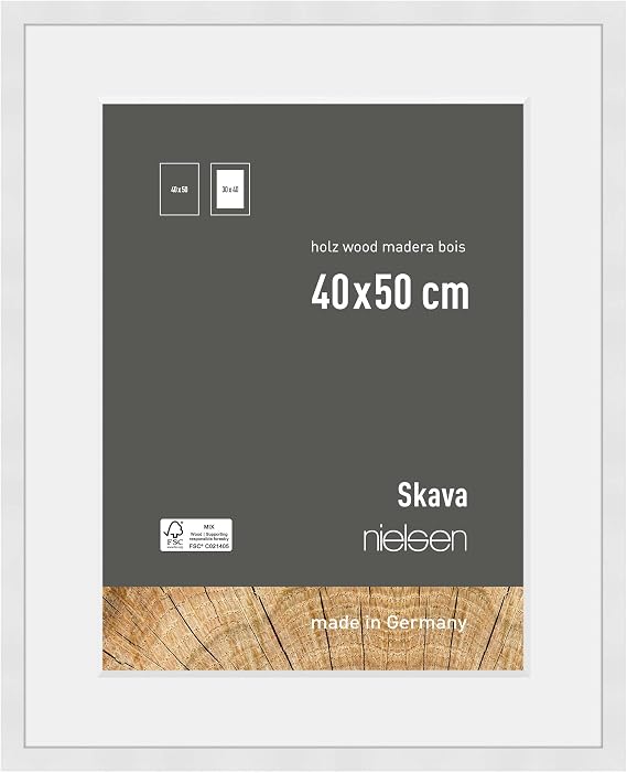 nielsen Skava Wooden Picture Frame - White 40x50cm with White Mount to fit 30x40cm photo - Float Glass and Easy Push-Turn Clips