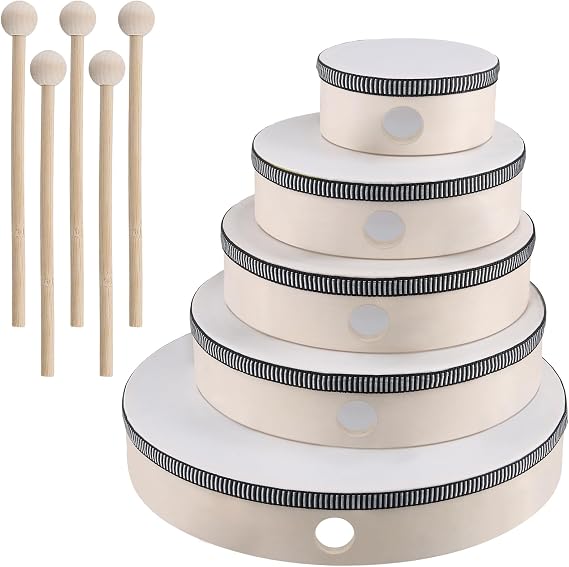 JEUIHAU 5 Pack Hand Drum Set, 4 Inch 6 Inch 7 Inch 8 Inch 10 Inch Frame Drum Kit with Drum Stick, Wood Frame Drum for Beginners Party Supplies