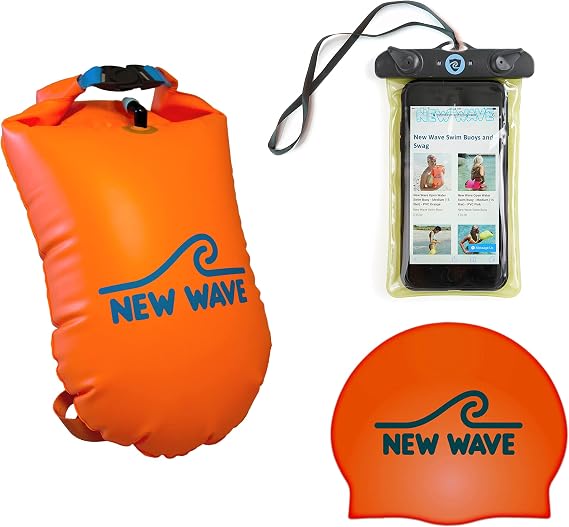 New Wave Swim Buoy 20L TPU Orange, Swim Cap Orange, and Phone Pouch Bundle