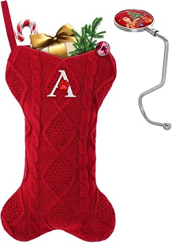 Dog Christmas Stocking with Initials, Large Knit Bone Shape Monogrammed Pet Christmas Stockings for Dogs Cats, Family Holiday Christmas Decorations with Christmas Stocking Holder (Red A)