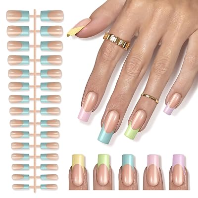 Anglicolor French Press on Nails - Brighter Pastel French Tip Press on Nails, Long Sqaure Nail Tips, Soft Gel Nails False Nail, Soak Off Acrylic Fake Nails Extensions Art DIY AC-007, 150 PCS