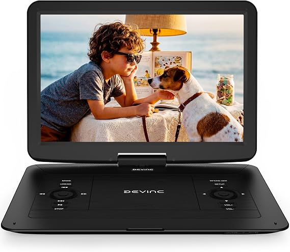 16.9" Portable DVD Player for Kids & Elderly 14.1" HD Swivel Screen, 6-Hour Battery, Plays DVDs/CDs/USB/SD, Sync to TV, High Volume Speaker, Region-Free, Includes Car Charger, Black