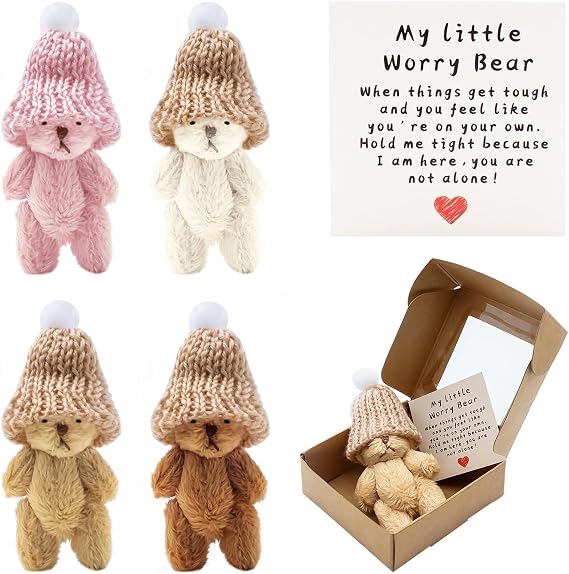 4 PCS Mini Worry Bear with A Hat, Positive Mini Bears, Little Worry Bears in A Box with Encouragement Little Card, Soft Handmade Pocket Bear for Lovers, Family, Friend