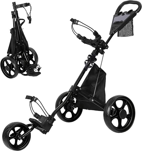 3 Wheel Golf Push Cart, Aluminum Folding Golf Bag Cart with Foot Brake,Scorecard Board/Cup/Umbrella Holder/Ergonomic Handle/EVA Wheels,Quick Fold