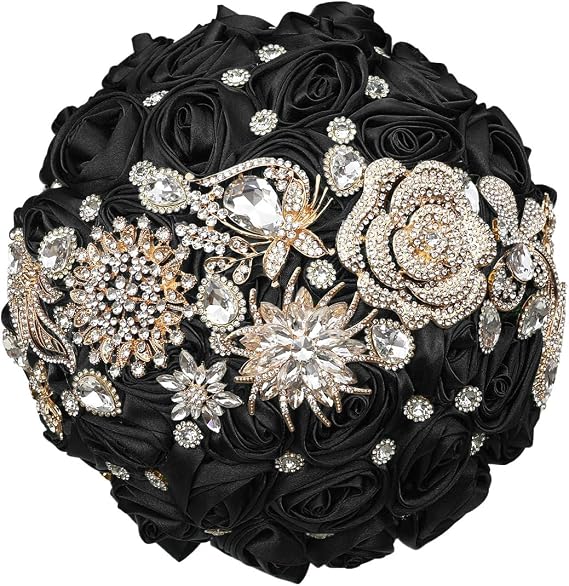 Handmade Rhinestone Bridal Bouquet,Crystal Wedding Round Tossing Bouquet,Artificial Flower Bunch for Bride Bridesmaid (Black, Mini (Dia. 6.3"/16cm))