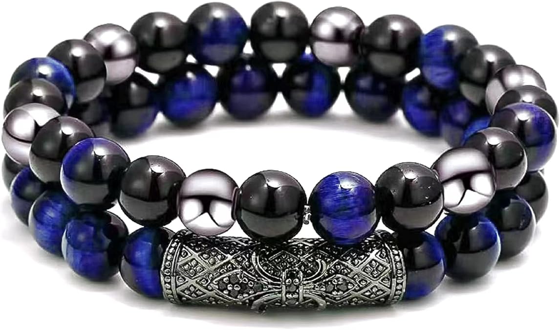 2Pcs Triple Protection Bracelet,Natural Tigers Eye Black Obsidian and Hematite 8 MM Beads Bracelet for Men Women Gift, Healing Crystal Bracelet Bring Luck and Prosperity and Happiness