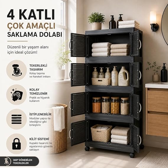 4 Katlı Çok Amaçlı Plastik Saklama Dolabı Tekerlekli Kapaklı Düzenleyici Dolap Siyah