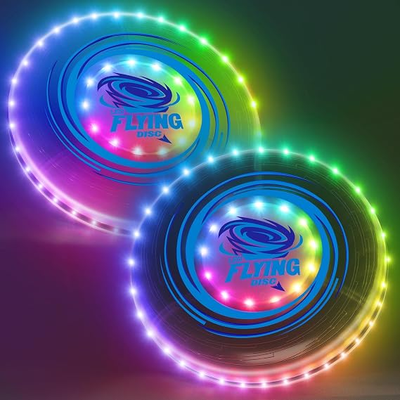 HYES 2 Pack Light up Flying Discs for Kids, 45 LEDs, 14 Lighting Modes, Rechargeable Glow in The Dark Flying Ring for Beach, Camping, Outdoor Game, Sport Toys for Teens Boys Adult