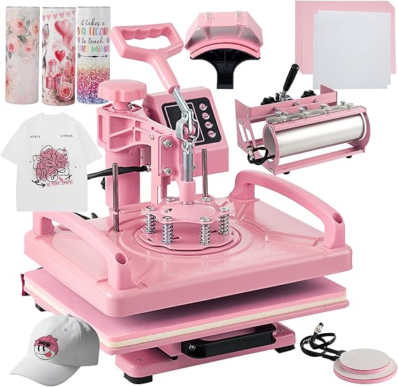 Leomru 5 in 1 Heat Press Machine 12x15 Inch, Heat Press Machine for T Shirts Hat Cap Mug Plate 360 Swing Away, Sublimation Heat Press Heat Transfer Machine W/ 30OZ Tumbler Press Pink
