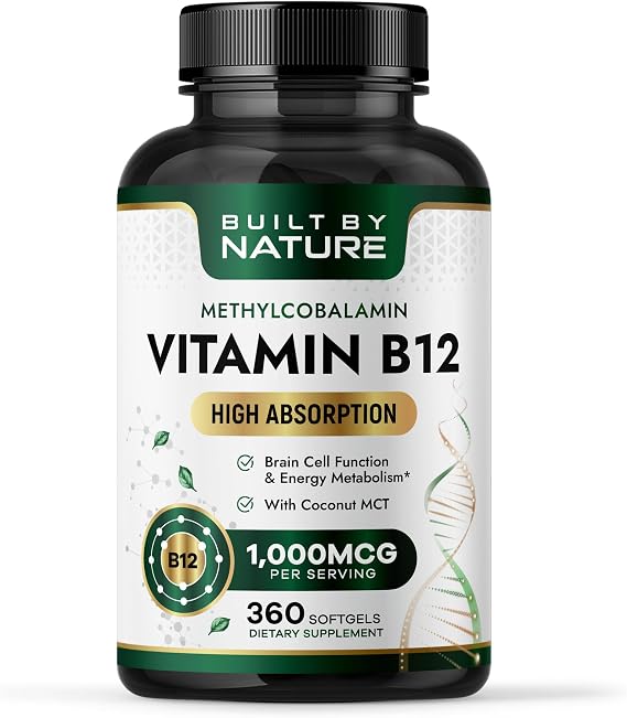 Built by Nature Vitamin B12 1000 mcg Methylcobalamin Softgels, 360 Count Extra Strength, Fast Dissolve, Energy Metabolism & Nervous System Health, Non GMO, 1 Year Supply