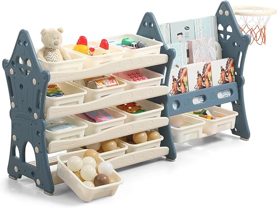 UNICOO Kids Tree House Design Kids Bookshelf and Toy Storage Organizer, 3-Tier Bookshelves with 4-Tier Storage Rack, 14 Storage Bins for Nursery, Playroom, Study Room (Blue & Cream)
