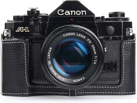A-1 Case, BolinUS Handmade Genuine Real Leather Half Camera Case Bag Cover for Canon New AE-1 AE-1P A-1 (with Handle) Camera with Hand Strap (Black)