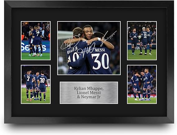 HWC Trading Kylian Mbappe, Lionel Messi & Neymar Jr Paris Blue and Reds Printed Memorabilia Signed Autograph Photograph Display for Soccer Fans and Supporters - 16" x 12" Framed