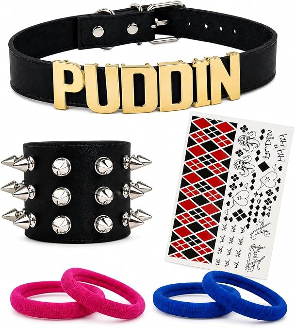 YANCHUN Puddin Choker Necklace Harley Costume for Women Studded Bracelet Spike Punk Leather Letter Collar Necklace Halloween Costume Accessories