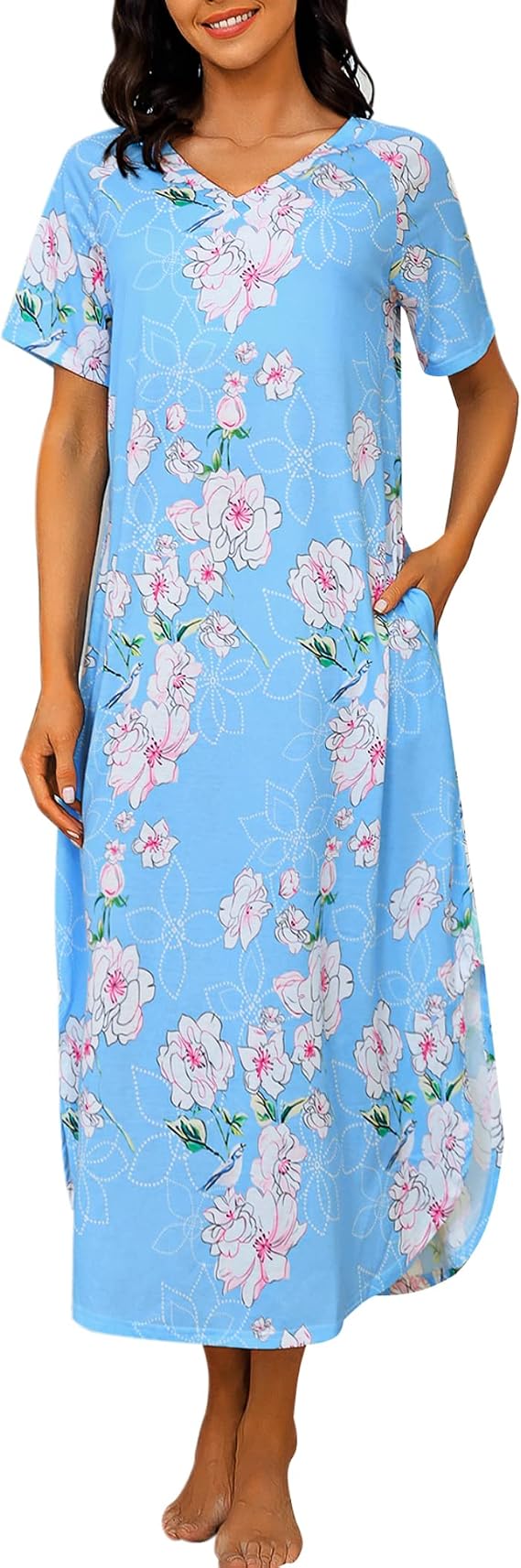 Marvmys Women Short Sleeves Long Nightgown Super Soft Sleepwear Comfy V Neck Cotton Nightshirts with Pocket