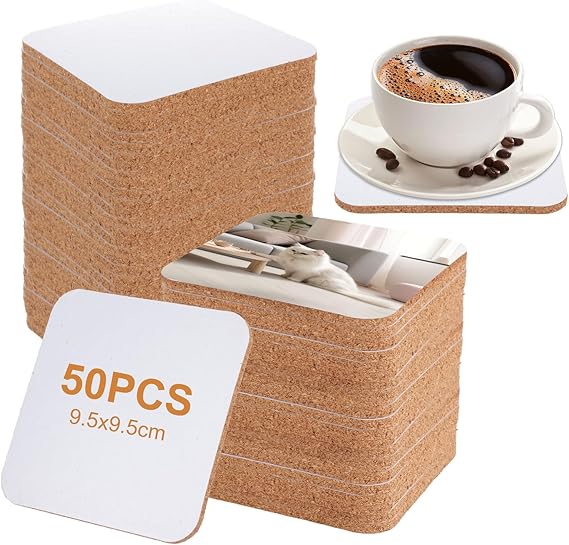 50 Pcs Sublimation Coasters Blank, 9.5x9.5cm Square Sublimation Blanks, Cork Blank Coasters Heat Transfer Press Cup Coaster for DIY Crafts