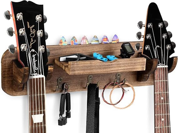 OTIME Guitar Wall Hanger Double Guitar Holder Wall Mount Ukulele Wall Mount Guitar Bracket Wood Hanging Rack with Pick Holder,6 Hook & 6 Guitar Picks (Round)