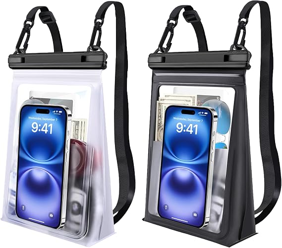 PEDVSTY 2 Pack Large Floating Waterproof Phone Pouch [with Sealing Strip], Bundle Float Water Proof Bag for Beach Swimming Vacation, White+Black