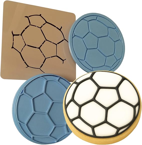 Soccerball Cookie Cutter, Stamp, Stencil, Debosser FULL Set - 2-Piece Set for Baking, Crafts, Gifts - Durable, Handled Stamps, Made in USA, 1