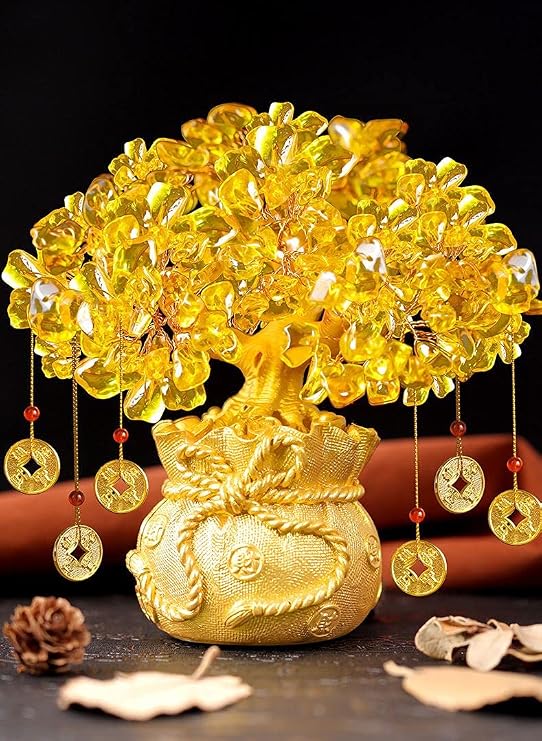 Gold Crystal Money Tree Dragon Pot Citrine Feng Shui Bonsai Tabletop Decor | Hanging lucky coins symbolize wealth prosperity and good fortune for home office store housewarming decor and blessing gifts