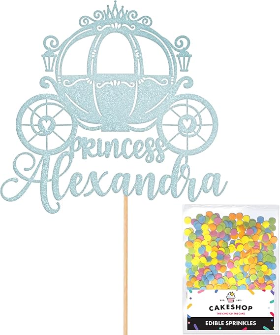 Personalised Princess Carriage Glitter Cake Topper- Light Blue Any Custom Name Glitter Cake Decoration and Sprinkles - Happy Birthday Decorations - Personalised Toppers for Cakes by Cakeshop
