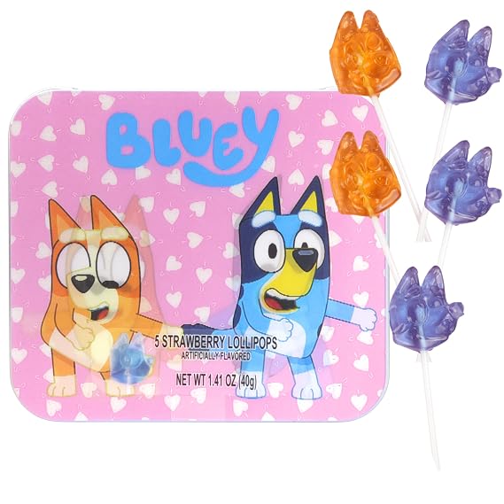 Bluey Lollipops Tin, Individually Wrapped Strawberry Suckers, Easter Basket Stuffer Candy Gift Set 1.41 Ounces