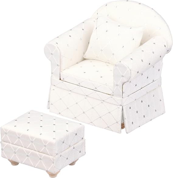 Inusitus White Dollhouse Armchair with Ottoman, Mini Living Room Sofa Chair, Furniture Accessory for 6 Inch Dolls, 1:12 Scale, Handmade Upholstered with Throw Pillow