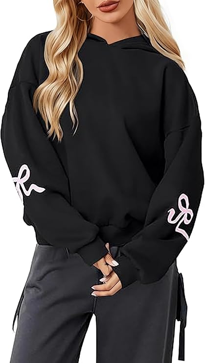 Womens Bow Print Hoodies Fleeced Oversized Hooded Sweatshirts Long Sleeve Cute Graphic Drop Shoulder Pullover Tops Black
