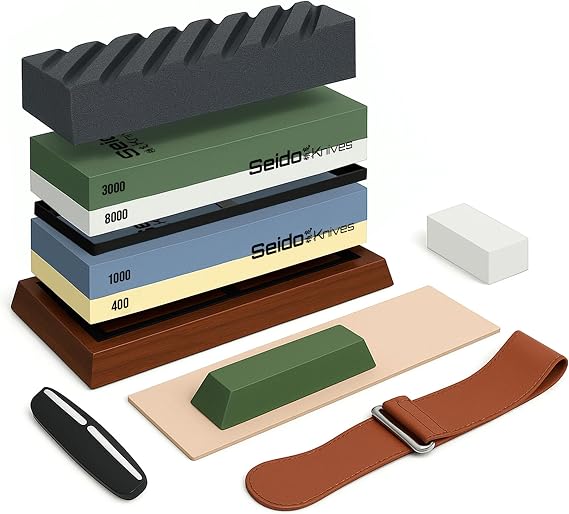 Seido Knives 12-Piece Whetstone Sharpening Kit, 400-8000 Grit | Dual-grit whetstones, leather strop, angle guide, and accessories for complete edge maintenance