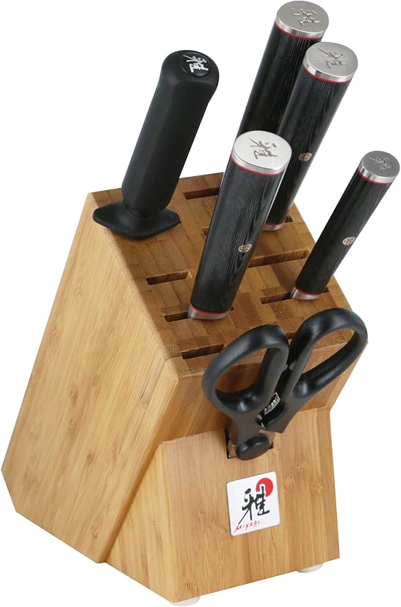 Miyabi Kaizen II Japanese 7-pc Knife Set, Complete Kitchen Knife Set, Black Pakkawood Handle, 48-Layer Flower Damascus Pattern, Handcrafted in Seki, Japan