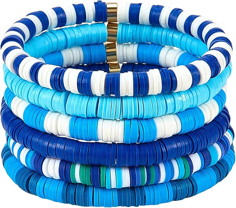 Ornaland 6PCS Heishi Surfer Bracelets Set 6mm Polymer Clay Heishi Beads Stretch Bracelets Bohemia Summer Beach Jewelry for Women (Blue)