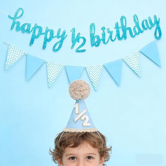 Half Birthday Hat & Banner Set - Blue 1/2 Cone Hats with Elastic Band, Half Birthday Party Decorations Photo Props for Boys & Girls