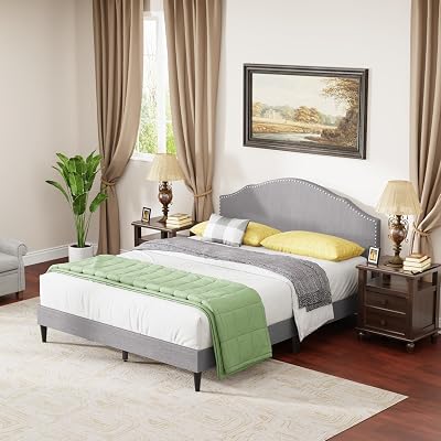 PayLessHere Queen Size Upholstered Platform Bed Frame Fully Upholstered with Fabric Headboard, Wooden Slats, No Box Spring Needed, Non-Slip & Noise-Free Design