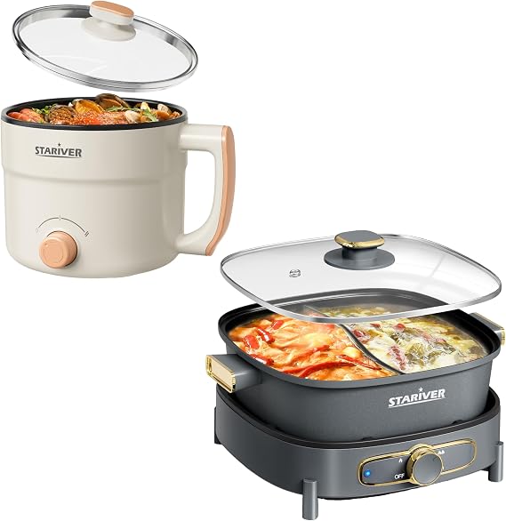 Stariver Electric Hot Pot: 1.5L Portable Mini Cooker & 6L Divided Family Hot Pot with 3 Power Settings Perfect for Solo Meals, Family Dinners, Parties, Dorm & Office Use