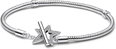 PANDORA Moments Asymmetric Star T-Bar Closure Snake Chain Bracelet - Compatible Moments Charms - Sterling Silver & Cubic Zirconia Charm Bracelet for Women - Gift for Her - 18 cm, No Gift Box