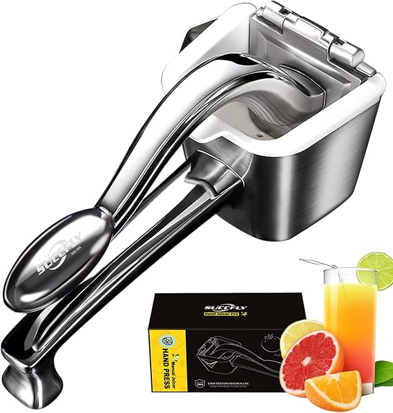 SUCCFLY Lemon Squeezer Stainless Steel, Manual Juicer Citrus Lime Orange Fruit Squeezer Heavy Duty Ergonomic Handle Labor-saving Large Capacity Juice Press Hand Handheld Juicer