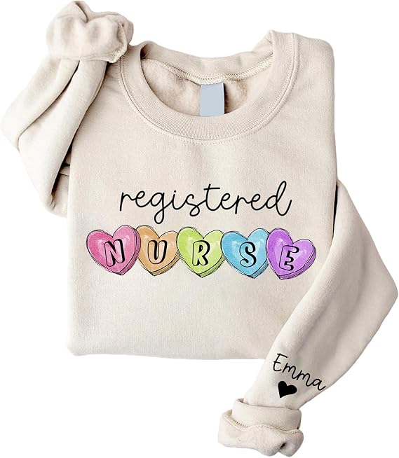 UrbanNEST - Personalized Nurse Sweatshirt For Women, Custom Nurse Valentines Day Sweatshirt with Name On Sleeve