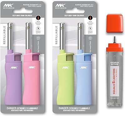 MK Lighter 4PCS Candle Lighters with 1PC Premium Butane Set, Random Colors, Windproof Flame, Ideal as Lighter for Candle, BBQ, Butane with Refillable, Random Color Harmony-4PC1Butane