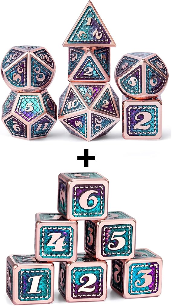 DNDND Dragon Scale Metal Dice Set,7 PCS Metallic D&D with Gift Case and 6PCS D6 Dice with Pouch