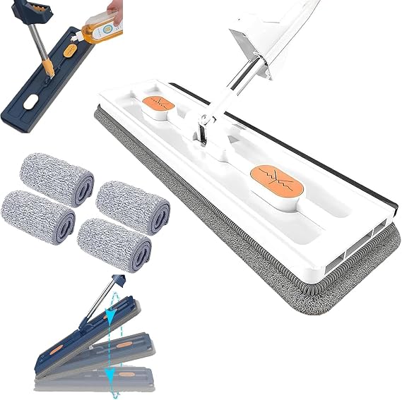 Mop and Bucket with Wringer Set, Large Flat Mop, Large Flat Mop and Bucket System, 360 Rotating, with 6 Reusable Microfiber Pads Dry and Wet (White no Bucket)