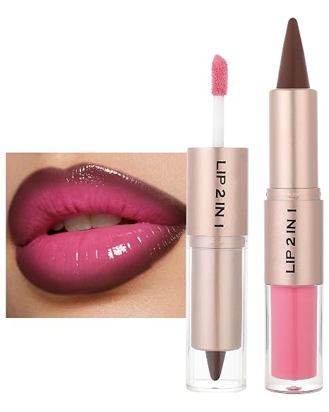 Lip Liner and Gloss Set 2 in 1 Dark Brown Lip Liner Pink Lip Gloss Hang-Lasting Gradient Lipstick Moisturising Waterproof Lip Combo Nourishing Smudge Resistant for Women 03