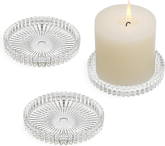 Glass Pillar Candle Holder, 4" Clear Candle Plates Set of 3, Glass Candle Holders for Wedding, Party, Holiday, Home Decor, Table Centerpiece