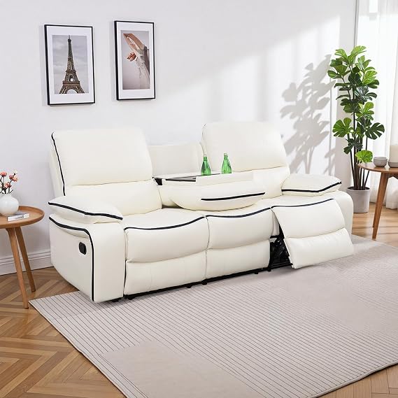 Recliner Sofa Set for Living Room,Reclining Couch Set Leather Reclining Sofa with 2 Recliner Seats and Drop-Down Table for House/Home Theater(Sofa,Creamy)