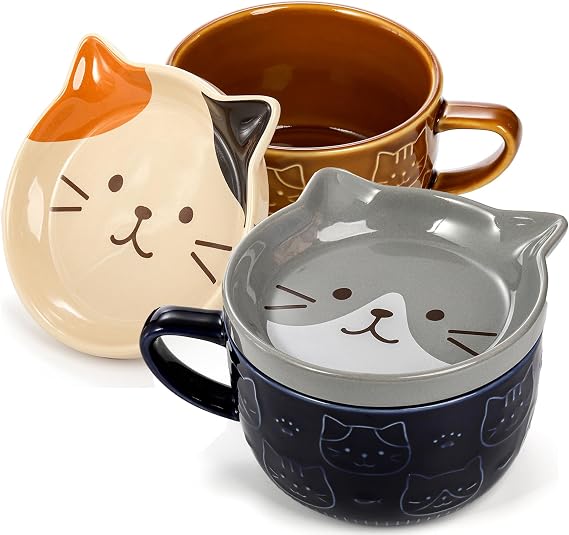 Cididu Set of 2 Cute Ceramic Cat Mug with Lid, 10 OZ Novelty Coffee Milk Mugs with Coaster, Kawaii Tea Cup Breakfast Mug for Cat Lovers, Birthday Valentines Gifts for Women Girls Animal Lovers