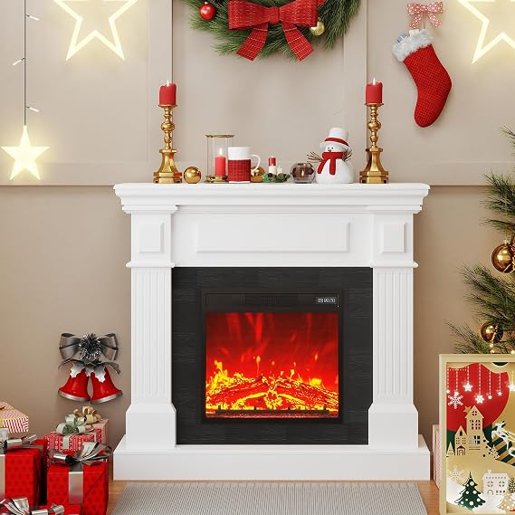 40" Electric Fireplace with Mantel|Adjustable 3D Flame&Heat|Remote Control | Fireplace Heater TV Stand with 18" Insert|Low Noise|Touch&Remote Control|White Fireplace Mantel|for Living Room,Bedroom