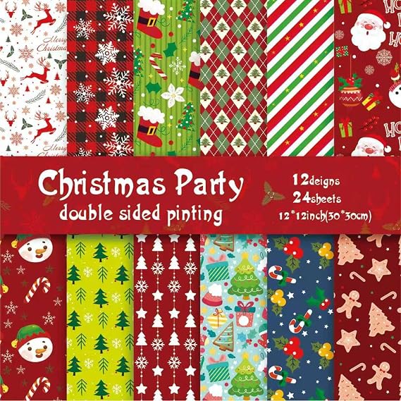 Christmas Scrapbook Paper 12 x12 Double Sided - 12 Designs 24 Sheets Printing Pattern Decoupage Decorative Craft Paper Pad for Junk Journals Bullet Journal Card Making Background