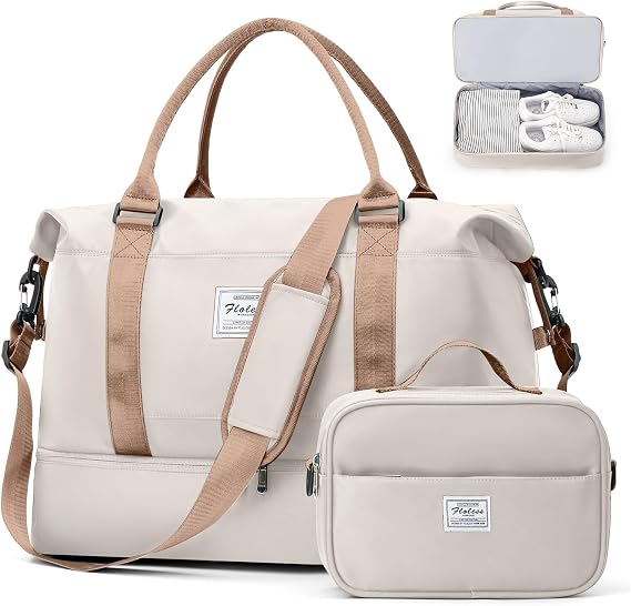 Weekender Bags for Women, Travel Duffel Bags with Shoe Compartment,Personal Item Travel Bag for Airlines, Carry on Overnight Tote Bag for Women with Toiletry Bag,Beige&Brown