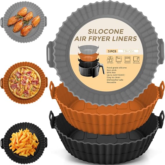 Buauty 3 Pack Air Fryer Silicone Liners 8inch Air Fryer Pot Reusable Food Grade Silicone Airfryer Liners Baking Basket Accessories Replacement of Flammable Disposable Parchment Paper
