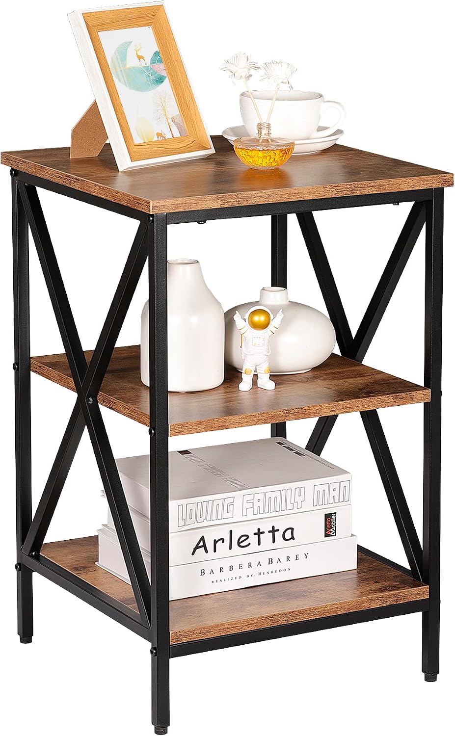 ZenStyle End Table 3-Tier X-Design Side Table with Storage Shelves Sofa Side Table Storage Organizer Display for Living Room, Bedroom, Office, Nursery Room, Brown