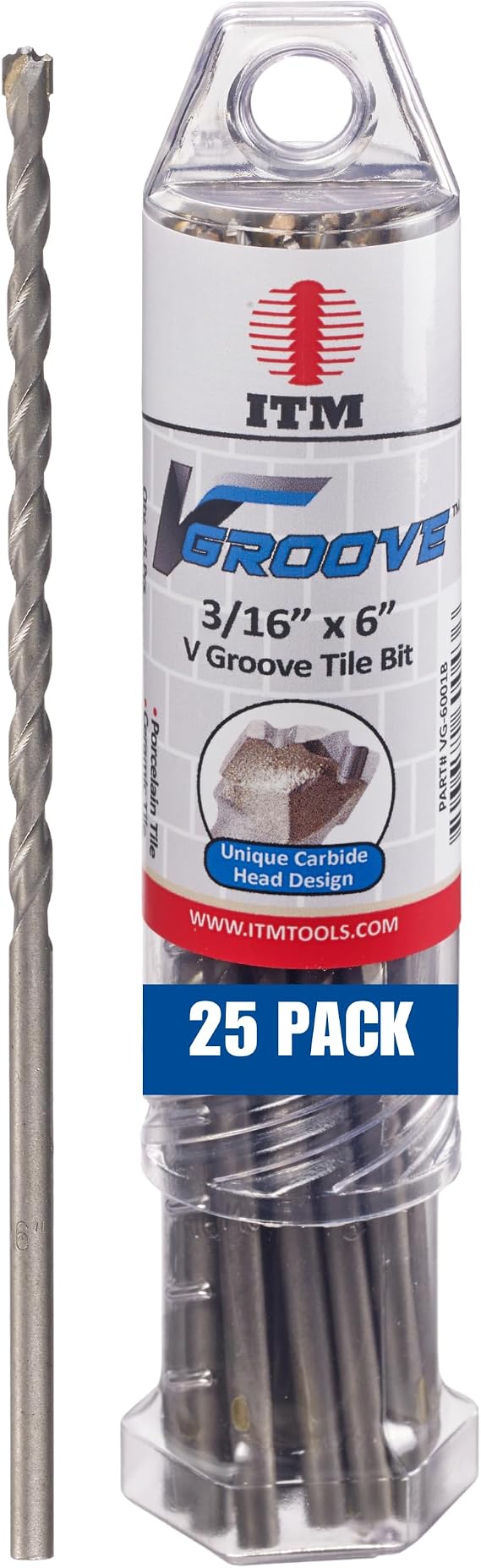 ITM V-Groove - VG-6001B - 3/16" X 6" - 25 Pack - Porcelain Tile Drill Bits - Carbide Tipped Drill Bits for Porcelain, Ceramic, Marble, Stone and Glass Tile